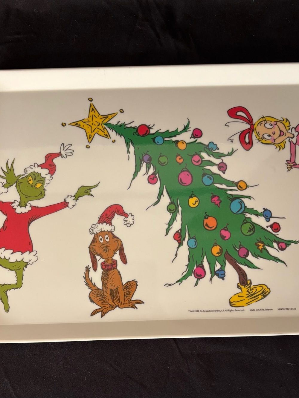 Dr. Seuss Grinch Holiday Tray with Green Tree and Multicolor Ornaments 13.25”x9”